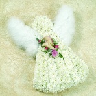 Feather winged angel funeral tribute with soft pink focal flowers. 